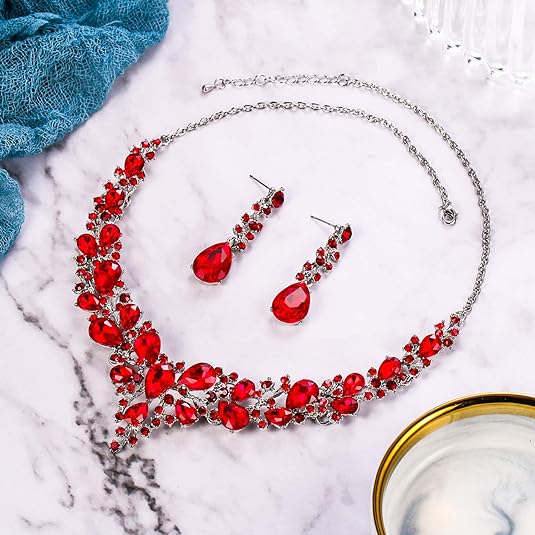 Women’s Wedding Bridal Austrian Crystal Teardrop Cluster Statement Necklace Dangle Earrings Jewelry Set